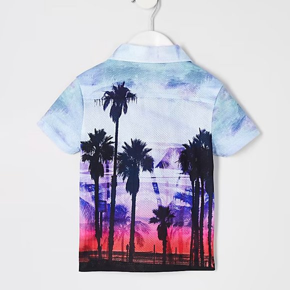 River Island Toddler Boys Blue Palm Print Short Sleeve Shirt - Picture 2 of 3
